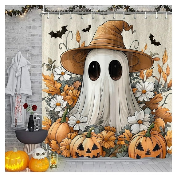 Gothic Halloween Shower Curtain with Hooks, Spooky Ghost & Jack-o'-Lantern Fabric Curtain for Bathroom, Waterproof Fall and Halloween Bathroom Decor