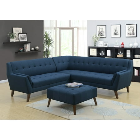 Emerald Home Binetti Navy Peacock Sectional with Angular Arms And Legs, Deep Tufting, And Stitching