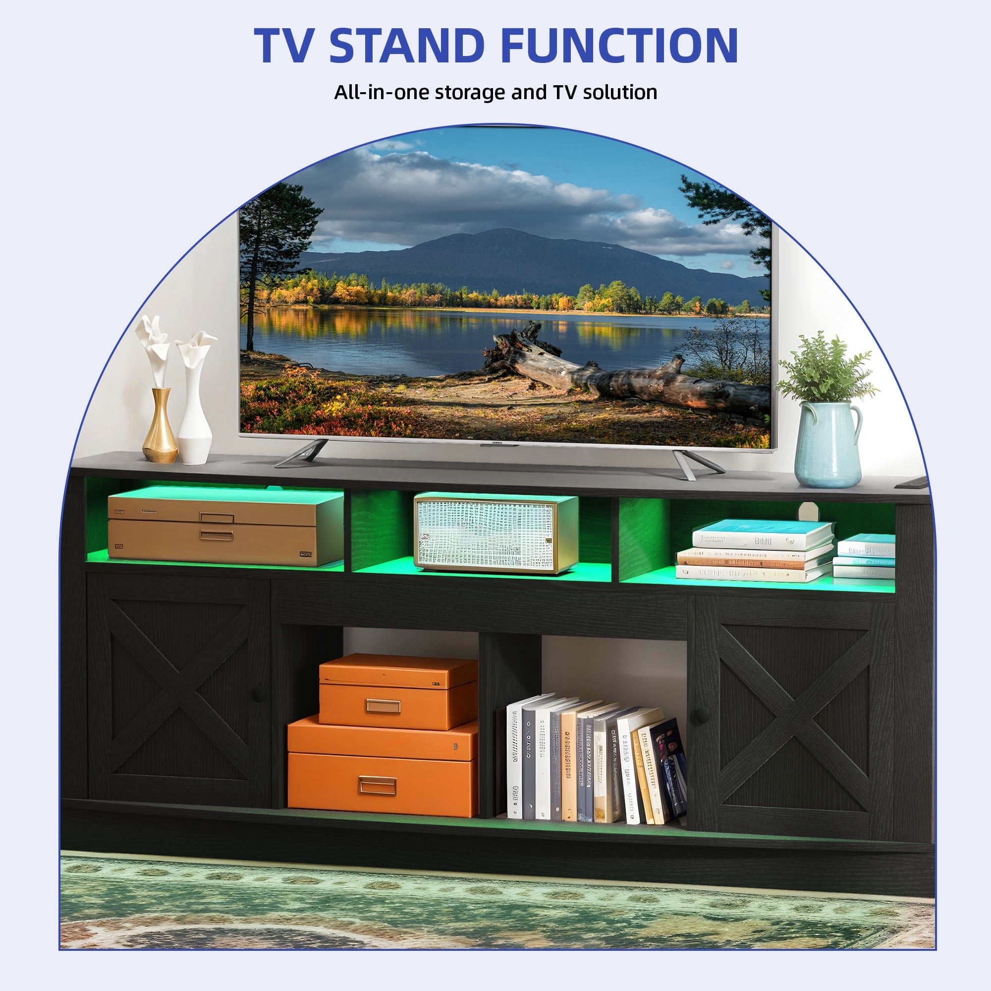 Uforic 70 Inch White Farmhouse TV Stand Suitable for TVs up to 80 Inches for Living Room, Black
