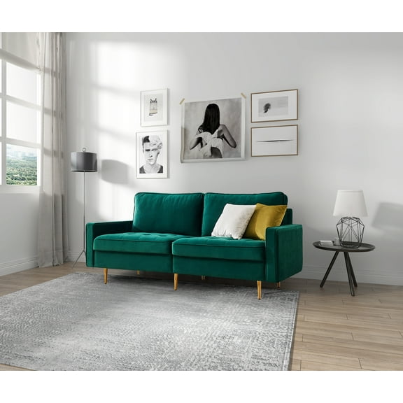 70'' Modern button tufted sofa with 2 throw pillows for living room,Velvet sofa, Emerald