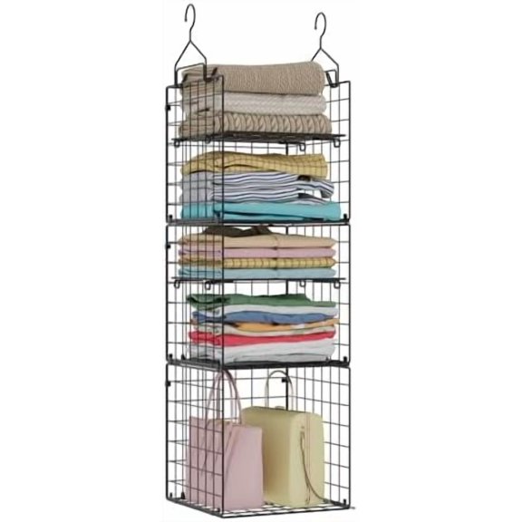 Hanging Closet Organizer and Storage - 5-Tier Closet Storage Organizer Baskets for Clothes & Adjustable Collapsible Metal Closet Hanging Organizer Shelves for Sweaters Shoes Handbags
