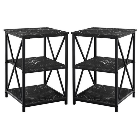 Home Square 2 Shelf Faux Marble Top Side Table in Black - Set of 2