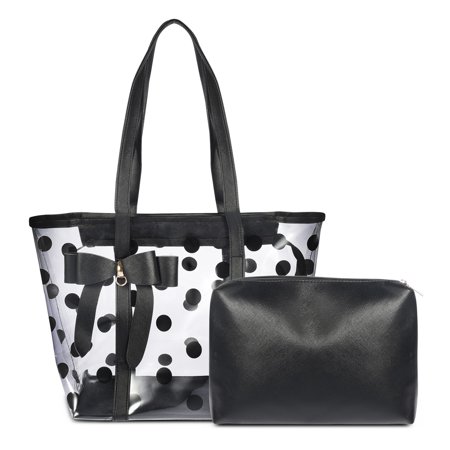Fashion Polka Dot Tote - Women's Transparent Tote Bag, Vbiger Water-resistant Beach Jelly Handbag with Bowknot and Polka Dots, 2 Pack