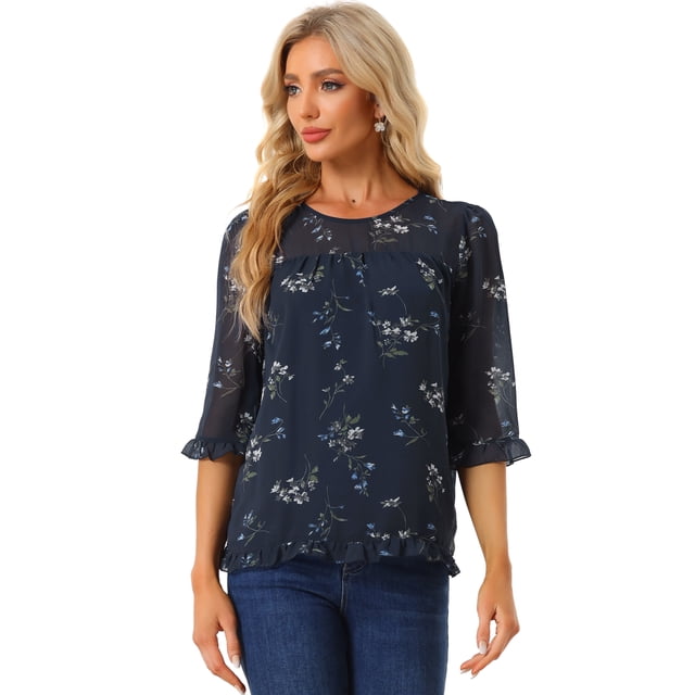 BluCasual De GaCon Estampado Floral De Man3/4 Con Volantes PaMujer Azul marino L