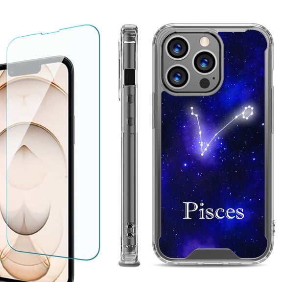 Shockproof Bumper Phone Case for iPhone 13 Pro Max, with Tempered Glass Screen Protector, by OneToughShield ® - Zodiac / Pisces