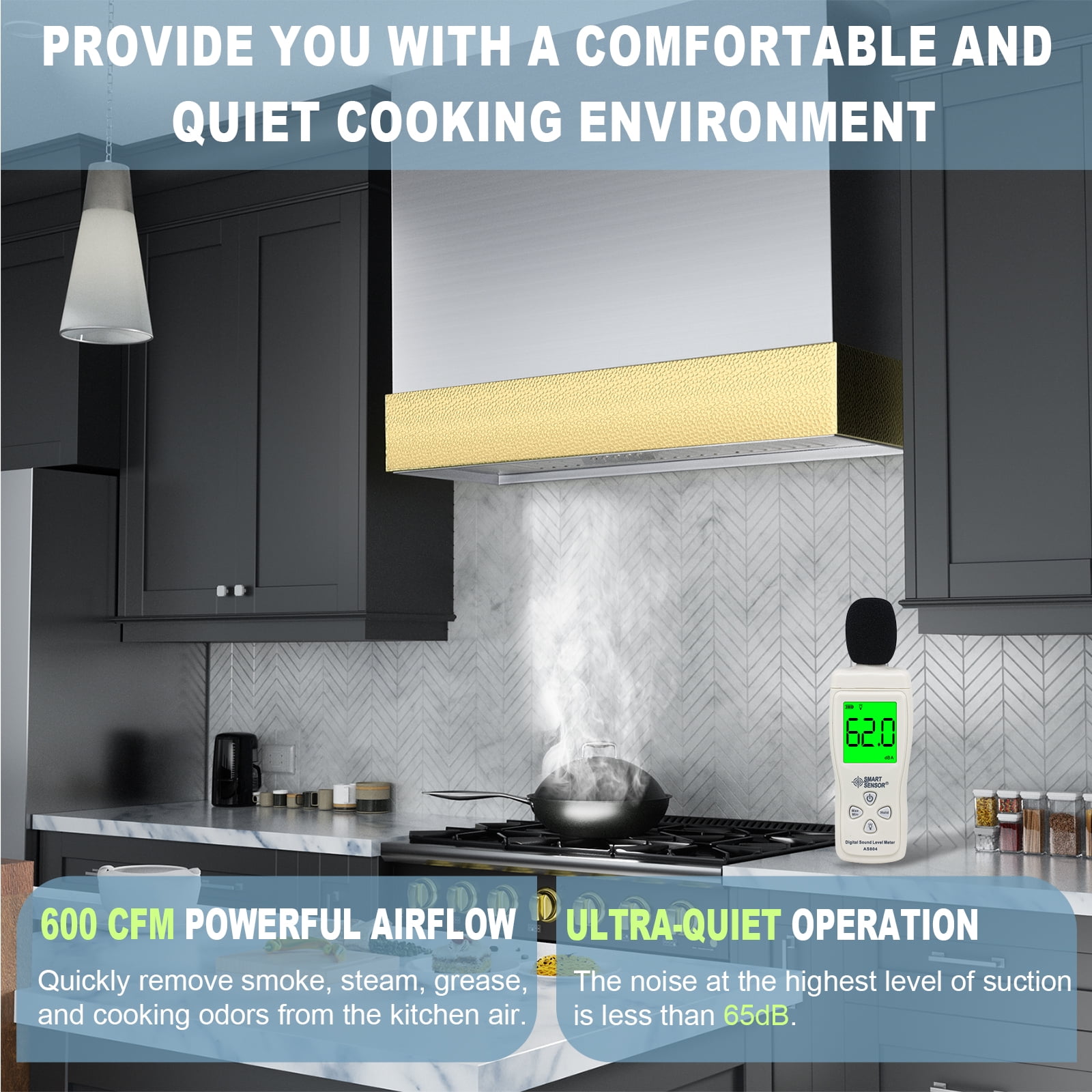 Akicon 600 CFM Wall Mounted Range Hood, Stainless Steel Range Hood 36 inch, Energy Saving, Ducted Kitchen Hood for Cooking, Powerful Vent Motor, Brushed Stainless with Gold