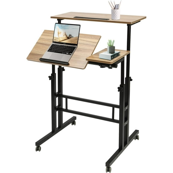 Mobile Stand Up Desk Adjustable Laptop Desk with Wheels Storage Rolling Table Cart for Standing or Sitting, for Home Office Workstation, Iron-Brown, 28.5-49.5in