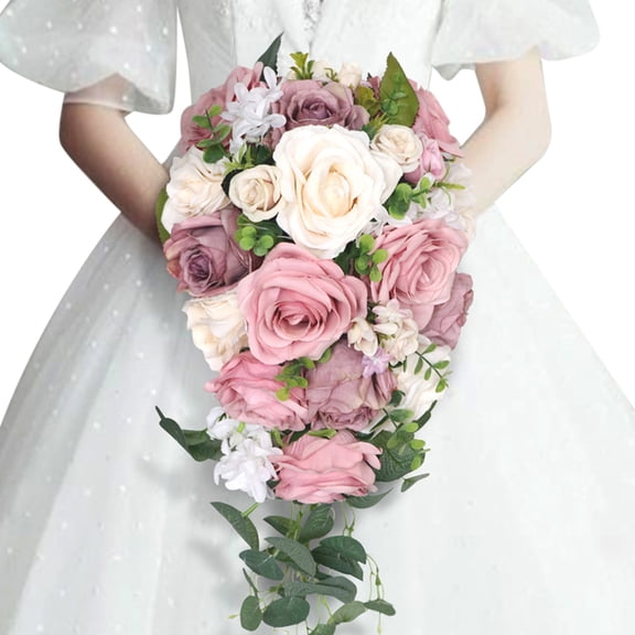 Wedding Bridal Waterfall Rose Bouquet – Artificial Pink Rose Cascading Bouquet for Bride, Proposal, Anniversary & Party Decor