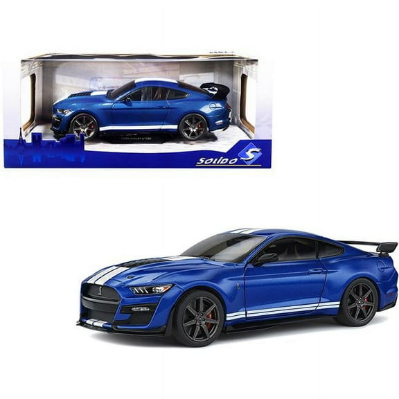 Solido S1805901 1-18 Scale 2020 Ford Mustang Shelby GT500 Fast Track Ford Performance Diecast Model Car with Stripes, Metallic Blue & White