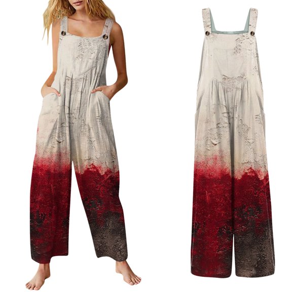 LNZGNM Halloween Womens Jumpsuit Jumpsuit Graphic Printed Square Neck Sleeveless Wide Leg Jumpsuit with Side Pockets and Button Straps,Yellow (XL)