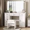 thumbnail image 1 of Coiffeuse Moderne avec Grand Miroir, 7 Tiroirs, Lumières, Chaise, 3 Modes d'Éclairage Réglables, Support pour Séchoir à Cheveux, Station de Recharge, Table de Toilette pour Chambre, 1 of 7