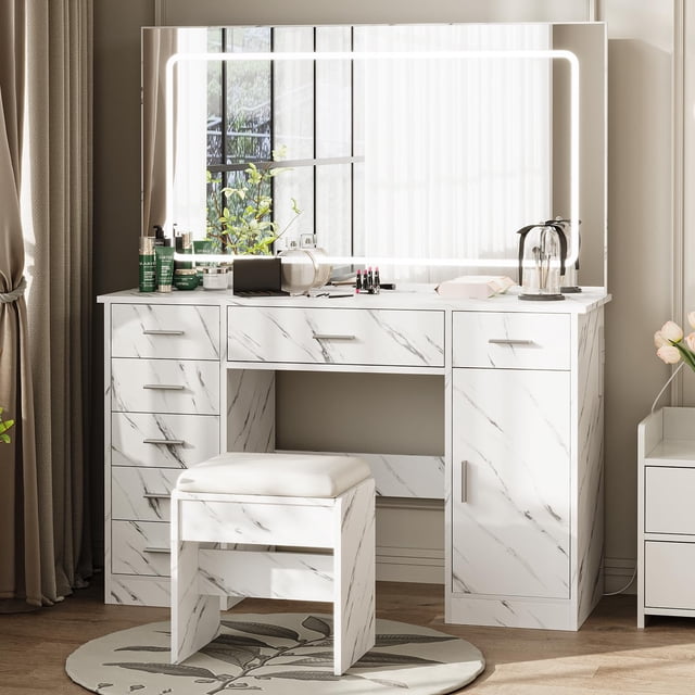 Coiffeuse Moderne avec Grand Miroir, 7 Tiroirs, Lumières, Chaise, 3 Modes d'Éclairage Réglables, Support pour Séchoir à Cheveux, Station de Recharge, Table de Toilette pour Chambre