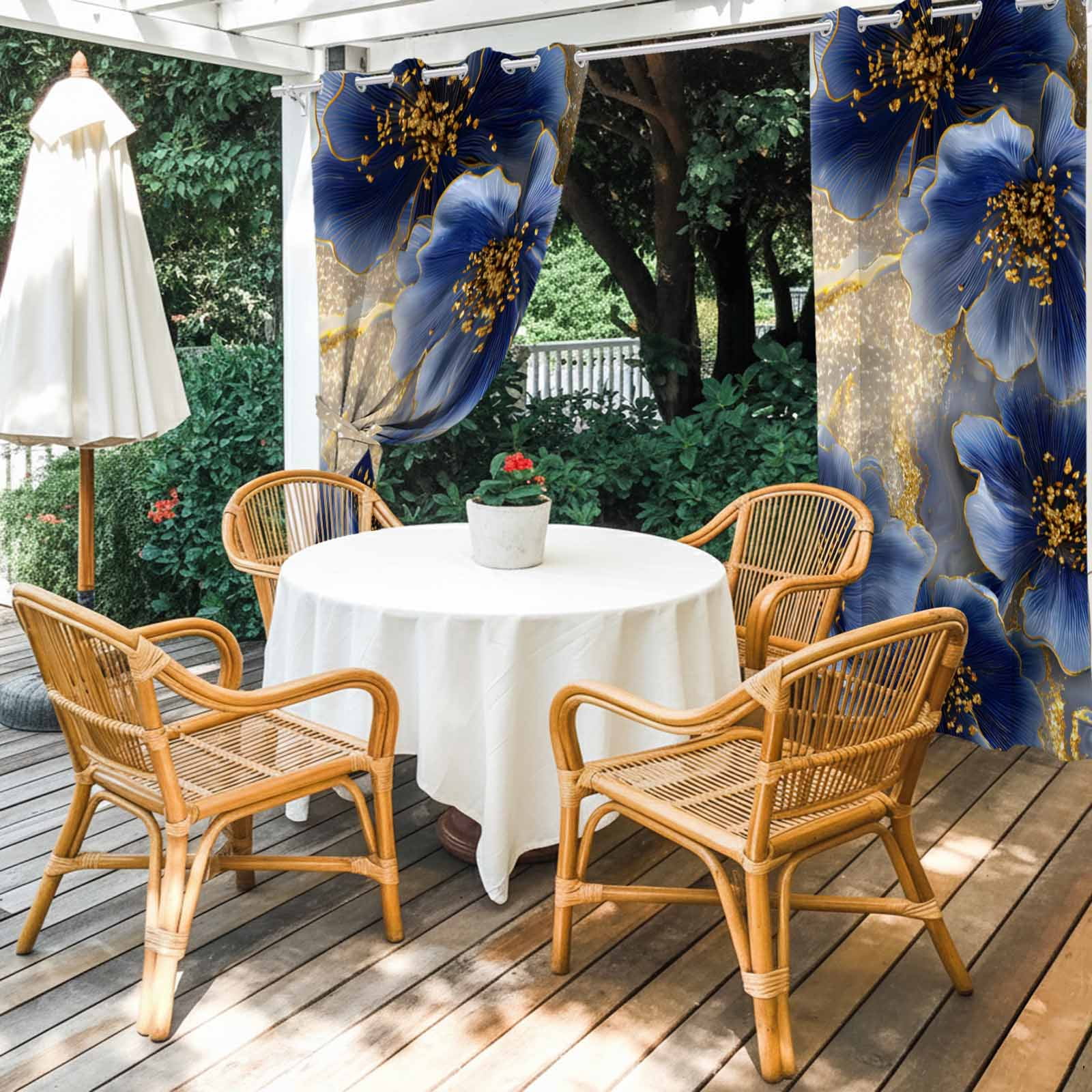 Dark Blue Flowers Outdoor Curtains for Patio, Romantic Dark Blue Floral Gold Marble Sunshade Privacy Drapes Grommet Waterproof Outside Curtains for Porch/Cabana/Balcony 54"x 108", 1 Panel