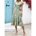 thumbnail image 4 of Green Floral Print Wrap Midi Dress With Ruffle Sleeves And V-Neck For Women, 4 of 7