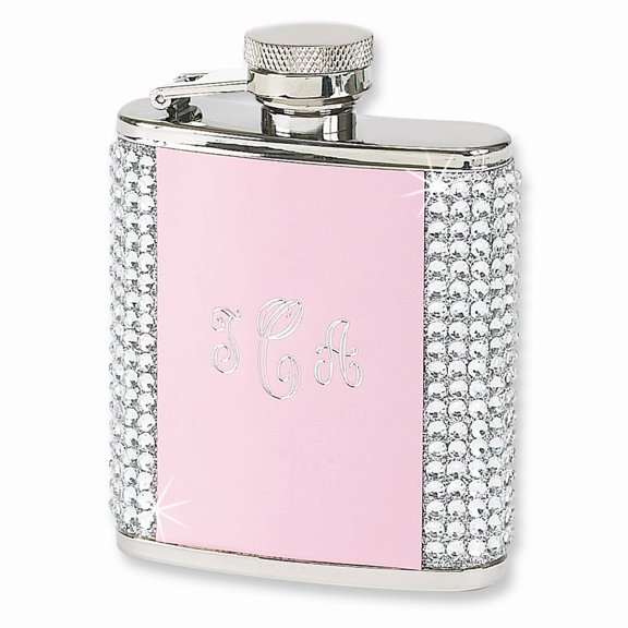 FB Jewels 2.5 oz. Pink Stainless Steel & Crystal w/Aluminum Plate Flask