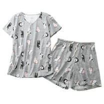 Defitshape Women's Shorts Pajama Set Short Sleeve Shirt 2 Piece Pj Sleepwear Cotton Blend Soft V Neck Printed Loungewear Elastic Waist Cute Drawstring Patterned4 3X-Large