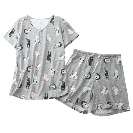 

Homgro Women s Shorts Pajama Set Short Sleeve Shirt 2 Piece Pj Sleepwear Cotton Blend Soft V Neck Printed Loungewear Elastic Waist Cute Drawstring Patterned4 X-Large