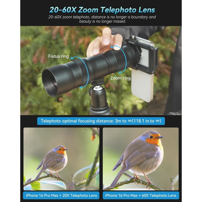 Apexel 20-60X Zoom Telephoto Lens, High Power HD Telephoto Phone