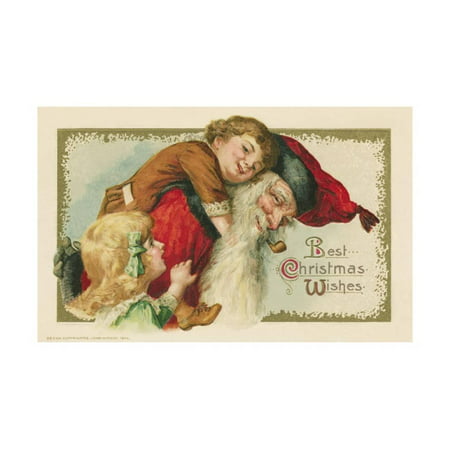 Best Christmas Wishes Postcard with Santa Claus and Children Print Wall