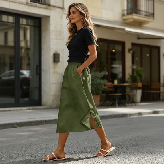 Women's Midi Skirt Linen Blend Skirt Elastic Waist A Line Casual Beach Long Skirts Elastic Waist Lounge Maxi Skirt Dress with Pockets for Women, Army Green, L
