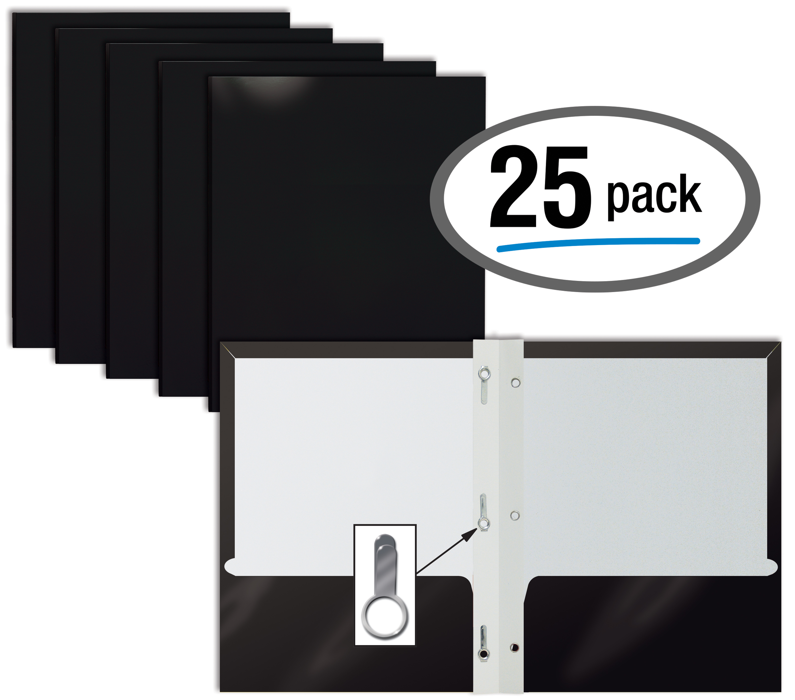 2 Pocket Glossy BLACK Paper Folders with Prongs, by Better Office