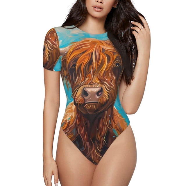 Fotbe Cute Cow Sunflowers Art Body de Mujer con Cuello Redondo y Mangas Cortas, Sin Mangas Ajustado, Suave, Cómodo y Básico-Small