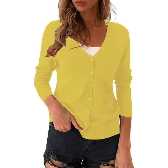 V-Neck Cropped Cardigan, Plus-Size Short Sweater, Relaxed Knit Top Yellow M , Coat