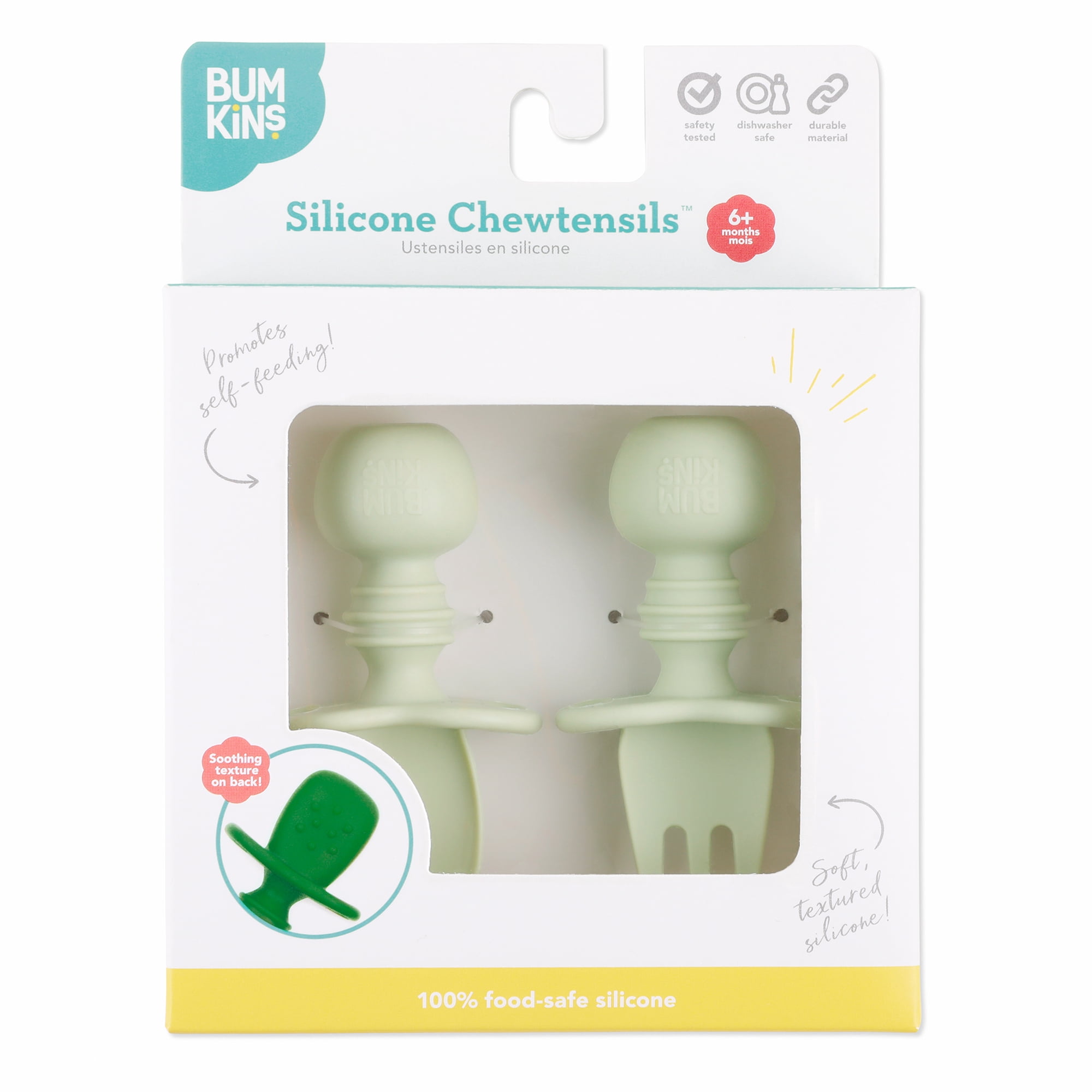 Bumkins Baby Feeding Chewtensils, Training Fork and Spoon Set, Utensils Ages 6 Mos+ Sage