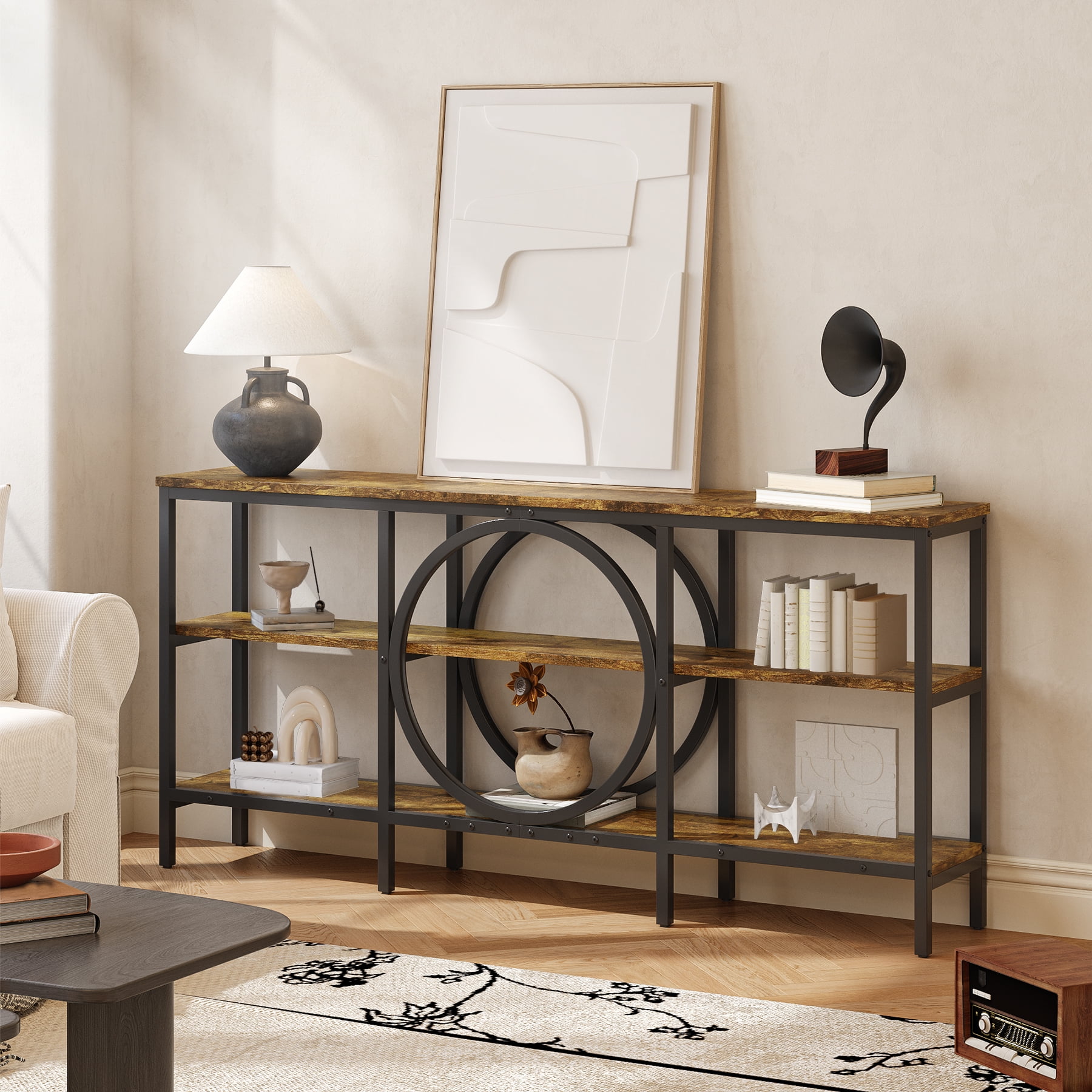 Tarnorci 66.9" Sofa Console Table, Extra Long Narrow Entryway Tables with 3 Tier Storage Shelves