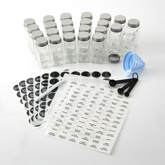 Kamenstein 24 Piece Empty 4 oz. Glass Jars Kitchen Spice Set Organizer and Jar Filling Kit