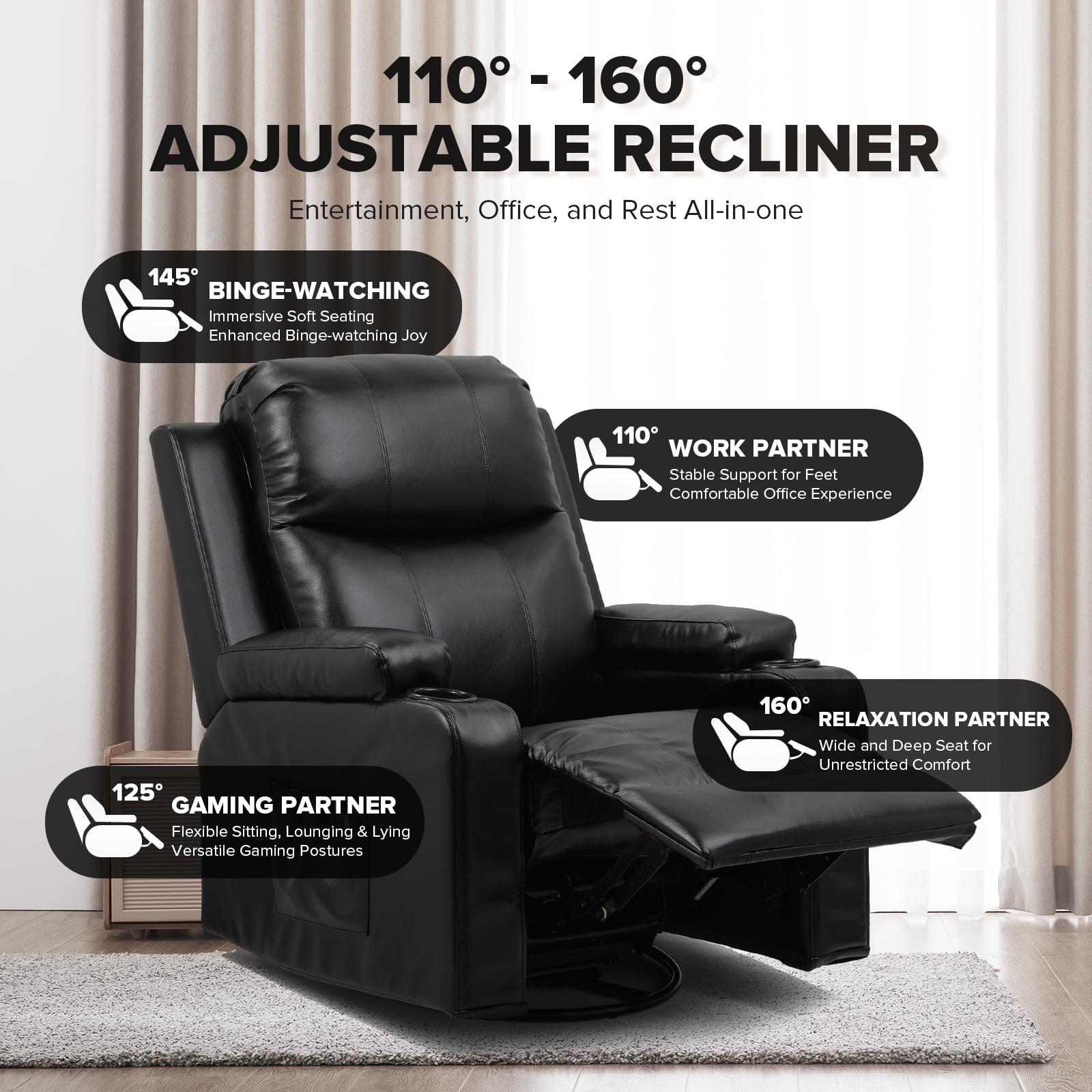 COMHOMA Swivel Rocker Recliner Chair with Heat and Massage 31.89 Wide PU Leather Rocking Sofa Home Recliner for Living Room Home Theater Office