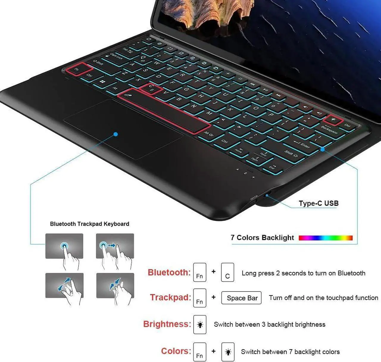 Touchpad Keyboard Case for OnePlus Pad 2 12.1 Inch 2024, 7 Colors Backlit, Detachable Bluetooth Wireless Trackpad Keyboard & Slim PU Stand Protective Cover with Pencil Holder
