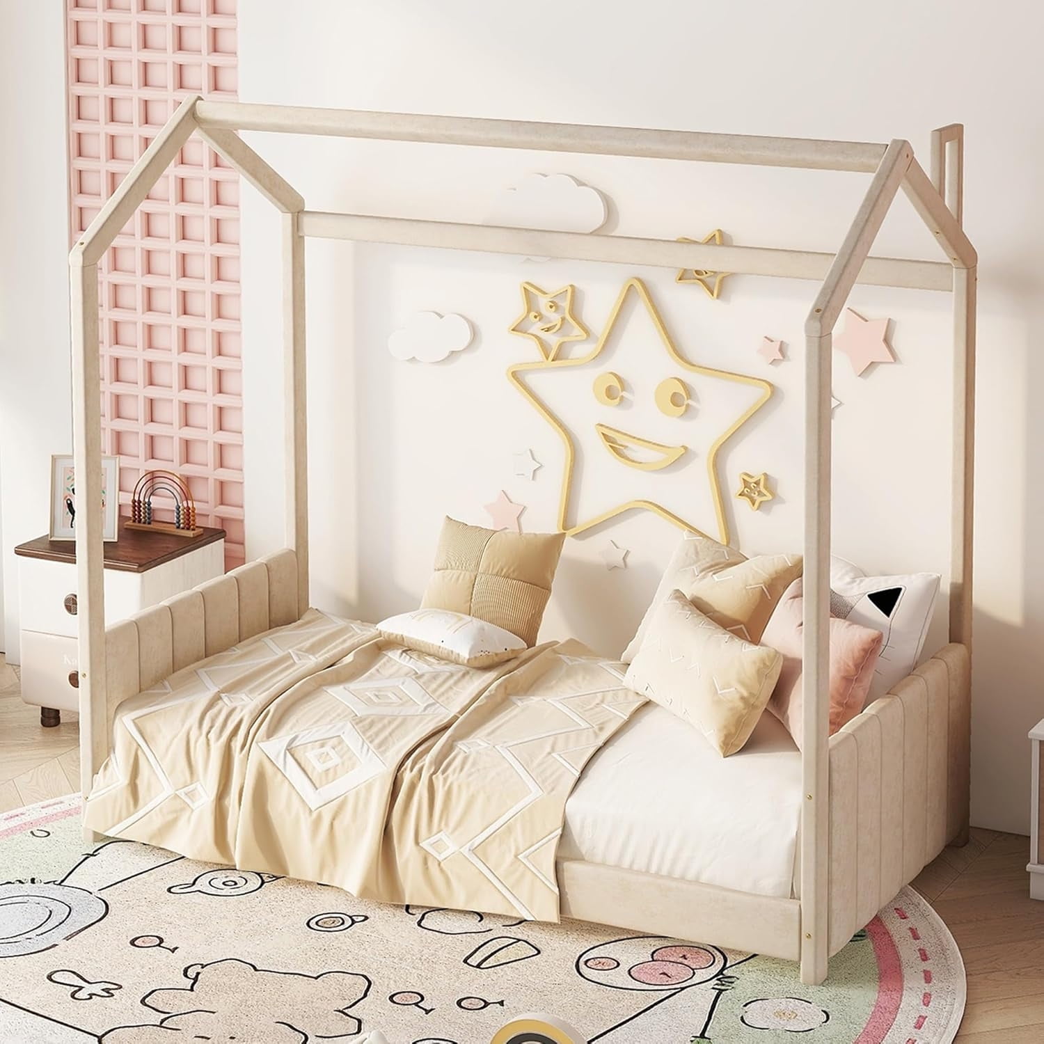 Bellemave Twin Size House Beds, Velvet Montessori Floor Bed with Headboard & Footboard, Twin Bed Frame for Girls Boys （Twin, Beige)