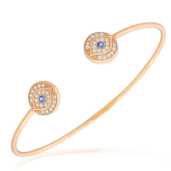 925 Sterling Silver White Blue CZ Protection Evil Eye Open End Bangle Bracelet