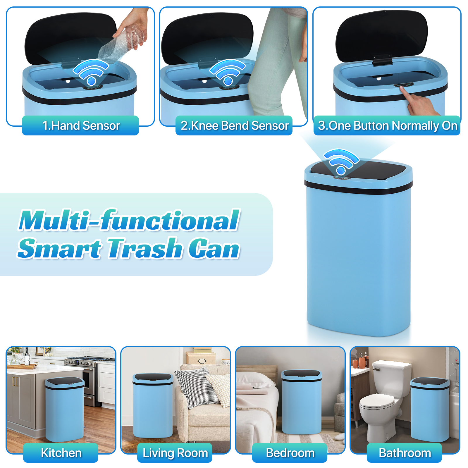 13 Gallon Plastic Garbage Can Kitchen Trash Can Automatic Touch Free Trash can with Lid 50 Liter Waste Bin Mute Anti-Fingerprint for Bedroom Home Office Living Room, Blue