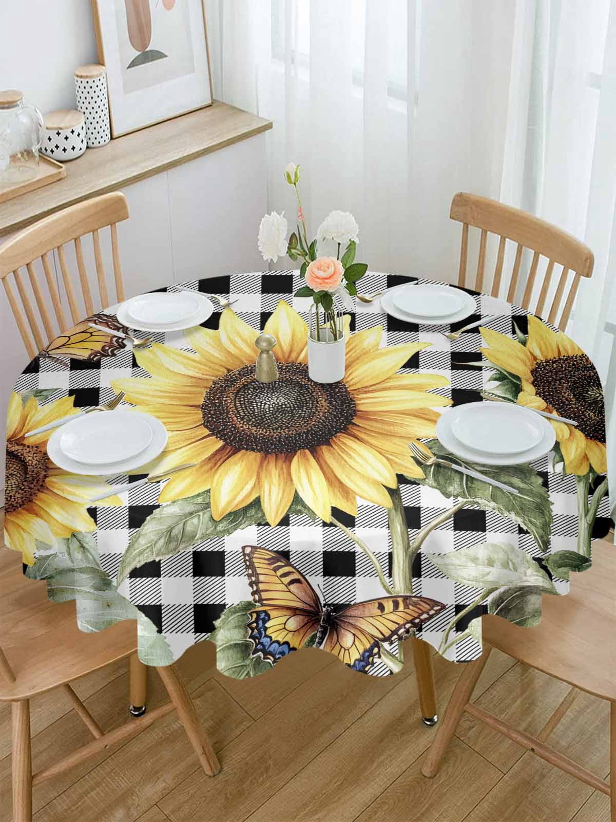 Round Tablecloth Vintage Floral Sunflower Waterproof Oil Proof Polyester Table Cloth Cover Decor for Home Dining Outdoor,Patio,Parties, 54" Dia. Black White Farmhouse Buffalo Plaid