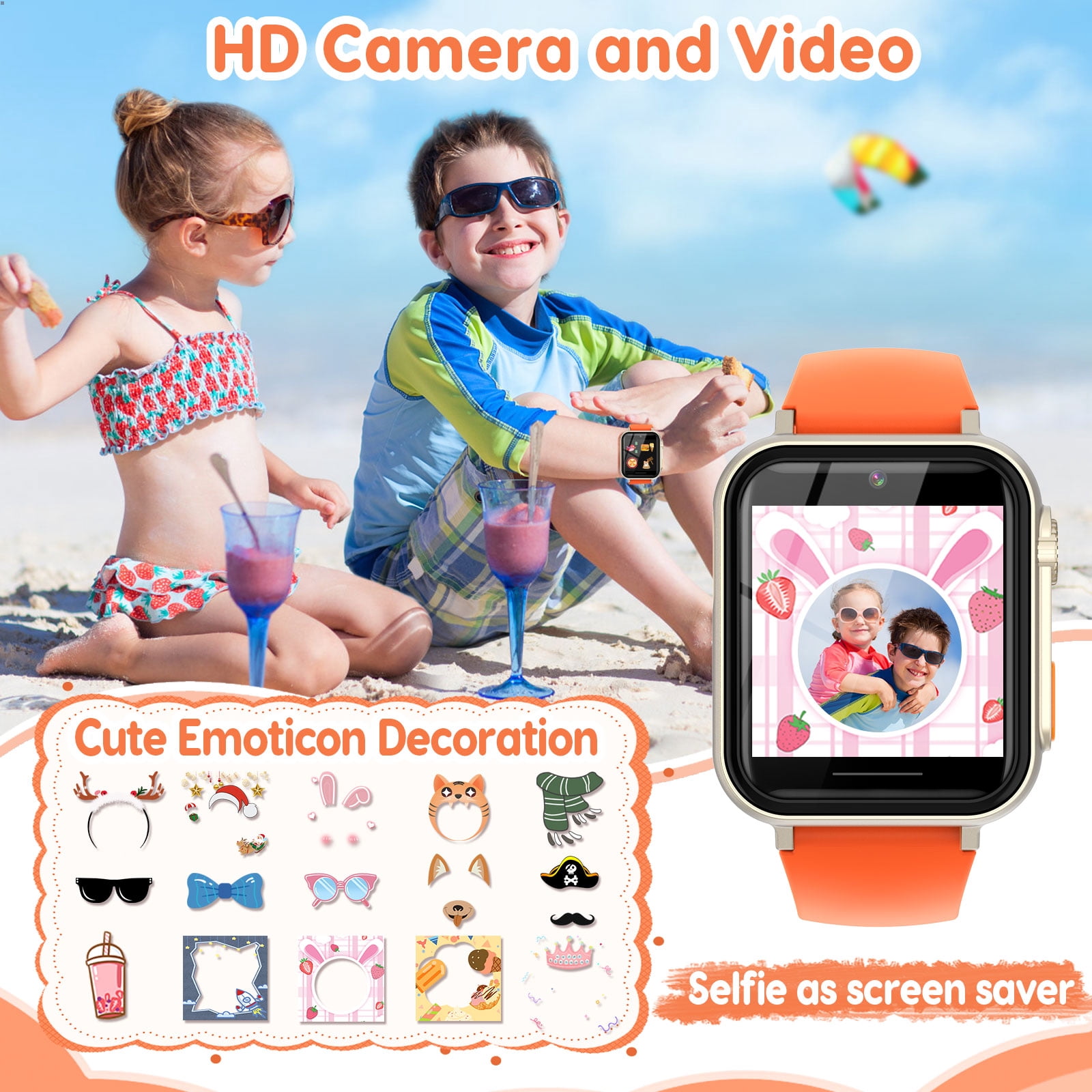 Eurhowing Kids Smart Watch Age 3-12, 31 Games, Learning Cards, HD Touch Screen, Camera, Music, Audiobook, Pedometer, Fun & Educational Birthday Gift Idea, Orange