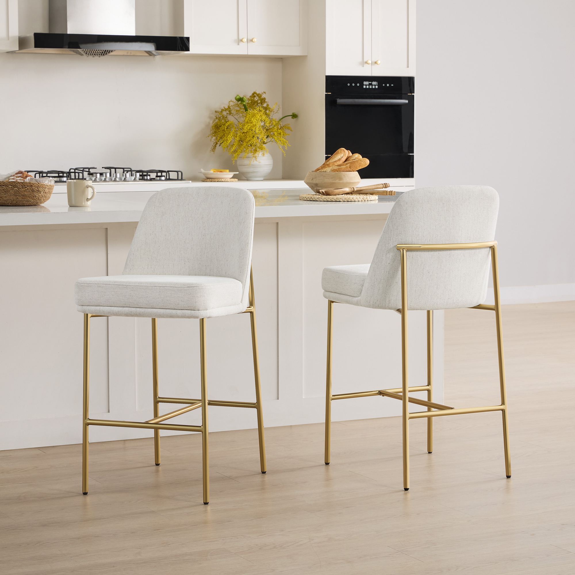 Spruce & Spring Modern 27-Inch Contemporary Counter Stool Set with Upholstered Seat and Metal Frame Set of 2, Cream Fabric