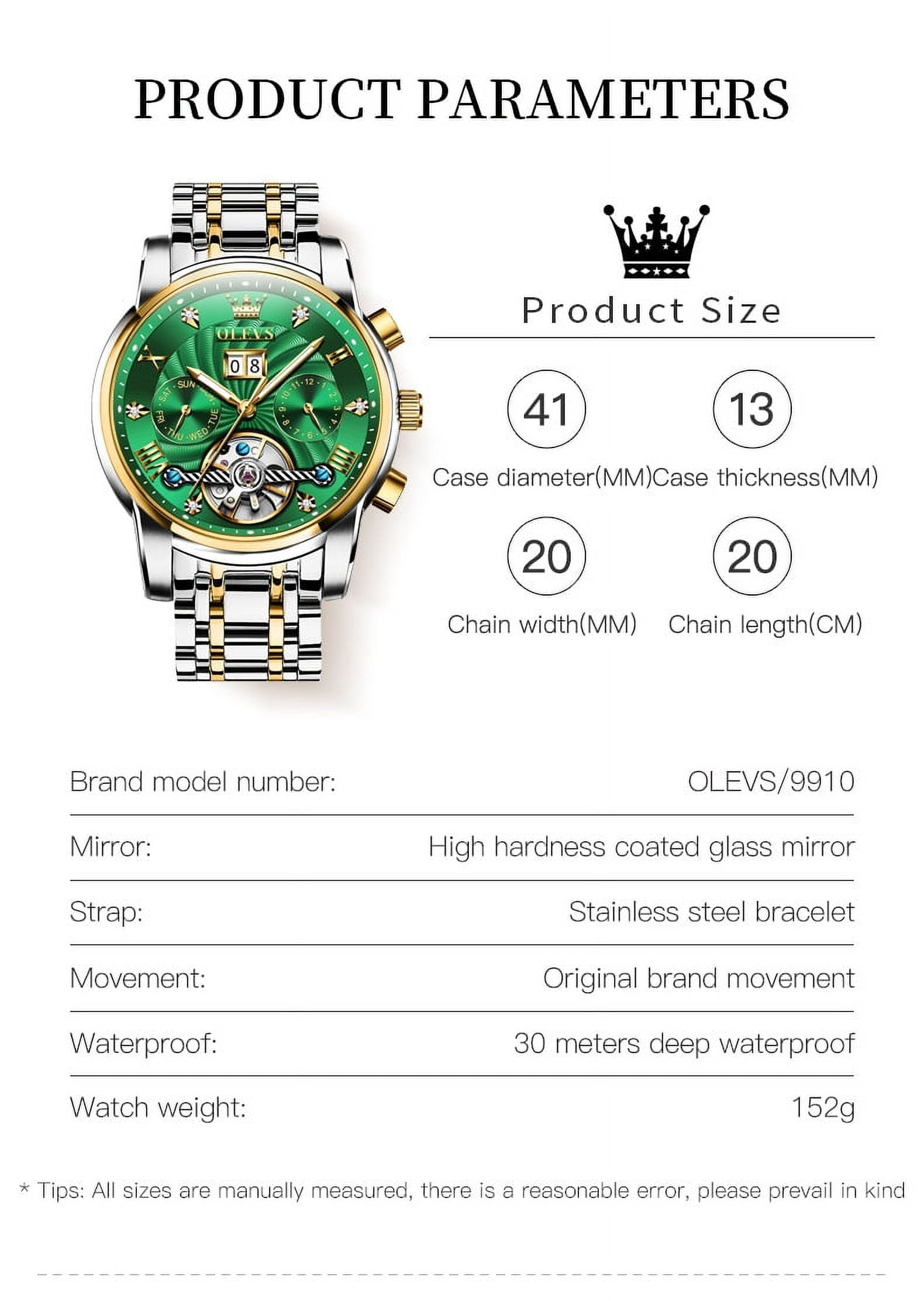 OLEVS Watch for Men Automatic Skeleton Tourbillon Mechanical Self Winding Business Luxury Dual Calendar Stainless Steel Luminous Waterproof Man Wrist Watches Green Dial
