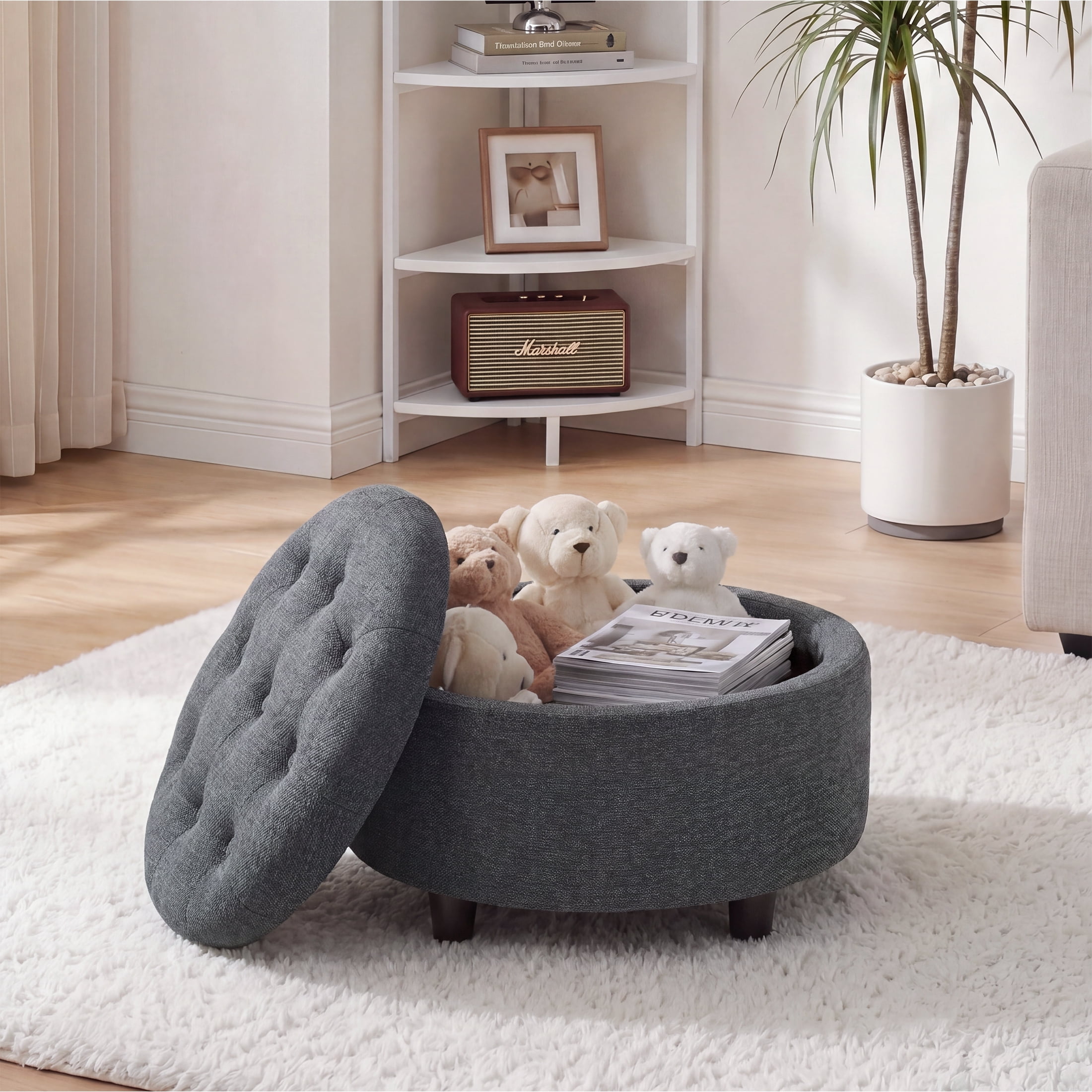 Darkgrey Round Ottoman with Storage and Reversible Tray, Upholstered Fabric Footrest Coffee Table for Living Room, Bedroom, Entryway-25 Inch
