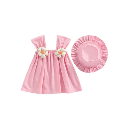 

EYIIYE Toddler Baby Girl Summer Princess Dress Solid Color Sleeveless Square Neck Flower Sling Dress with Hat 6 Months-3 Years