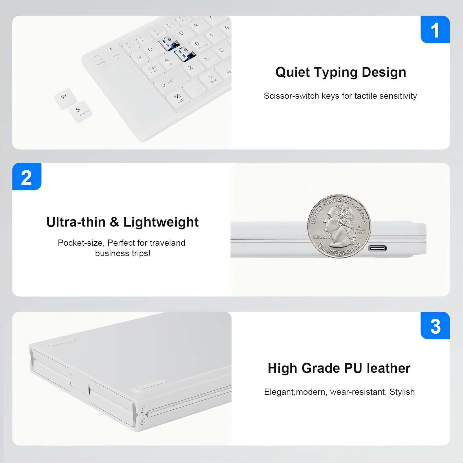 RONY Foldable Bluetooth Keyboard: Rechargeable Folding Wireless Keyboard Full Size Ultra Slim Folding Travel Keyboard for Android Windows System Laptop Tablet Smartphone, White