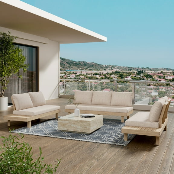 Christopher Knight Home 3-Piece Outdoor Conversation Sectional Set for 7, Wood Frame with Cushions, Light White Sand