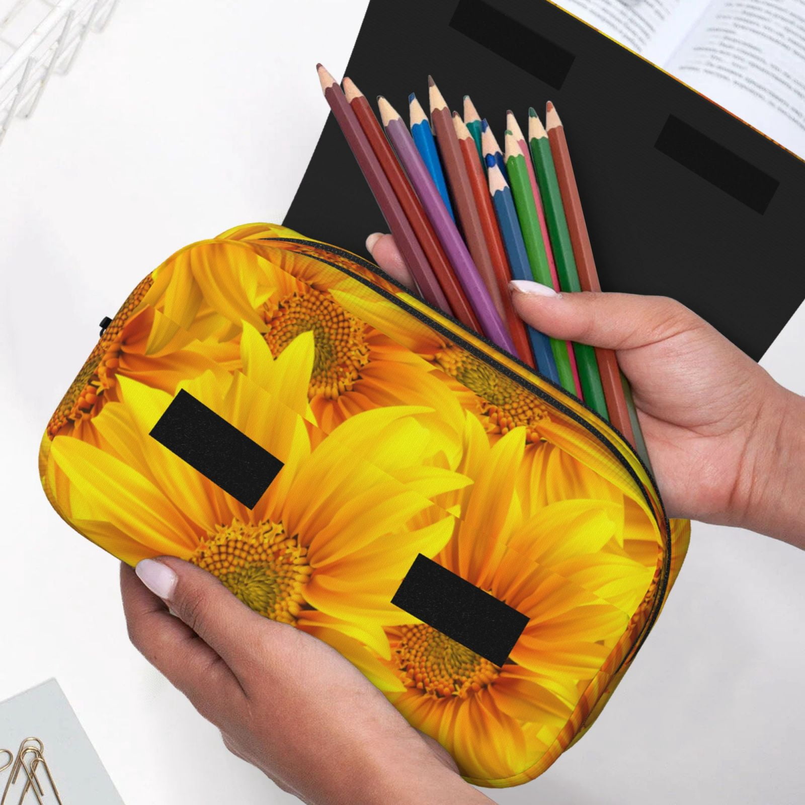 Rateoe 3D Sunflowers Pattern Double Clamshell Pen Case, Storage Organizer with Two Zipper Compartments– Holds Up to 50 Pencils & Pens