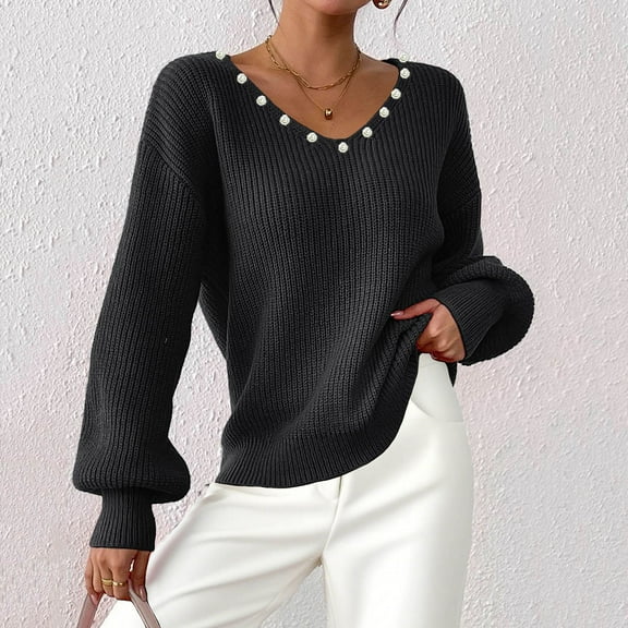 Uaswgudfs Women's V-Neck Ribbed Sweater: Pearl Embellishment, Long Sleeve Warmth for Fall/Winter Semi-Formal Wear
