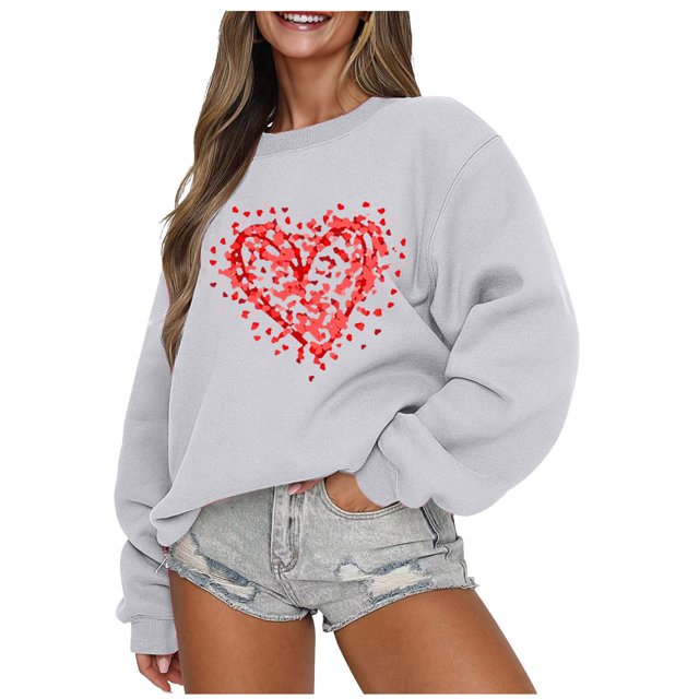 Gibobby Sudaderas para mujer Sudadera del día de San Valentín Camisas de corazón de amor para mujer de San Valentín Tops de manga larga (1)(Gris, L)