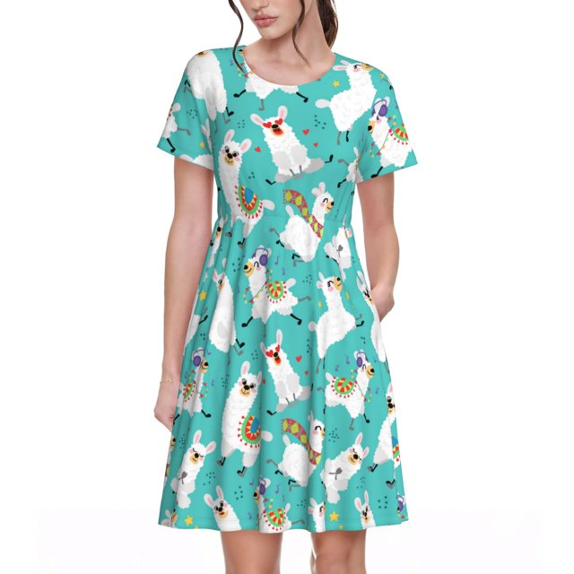 Easygdp Cartoon Llamas para Vestido Transpirable de Mujer, Vestido Suelto de Manga Corta con Pliegues y Bolsillos para el Verano