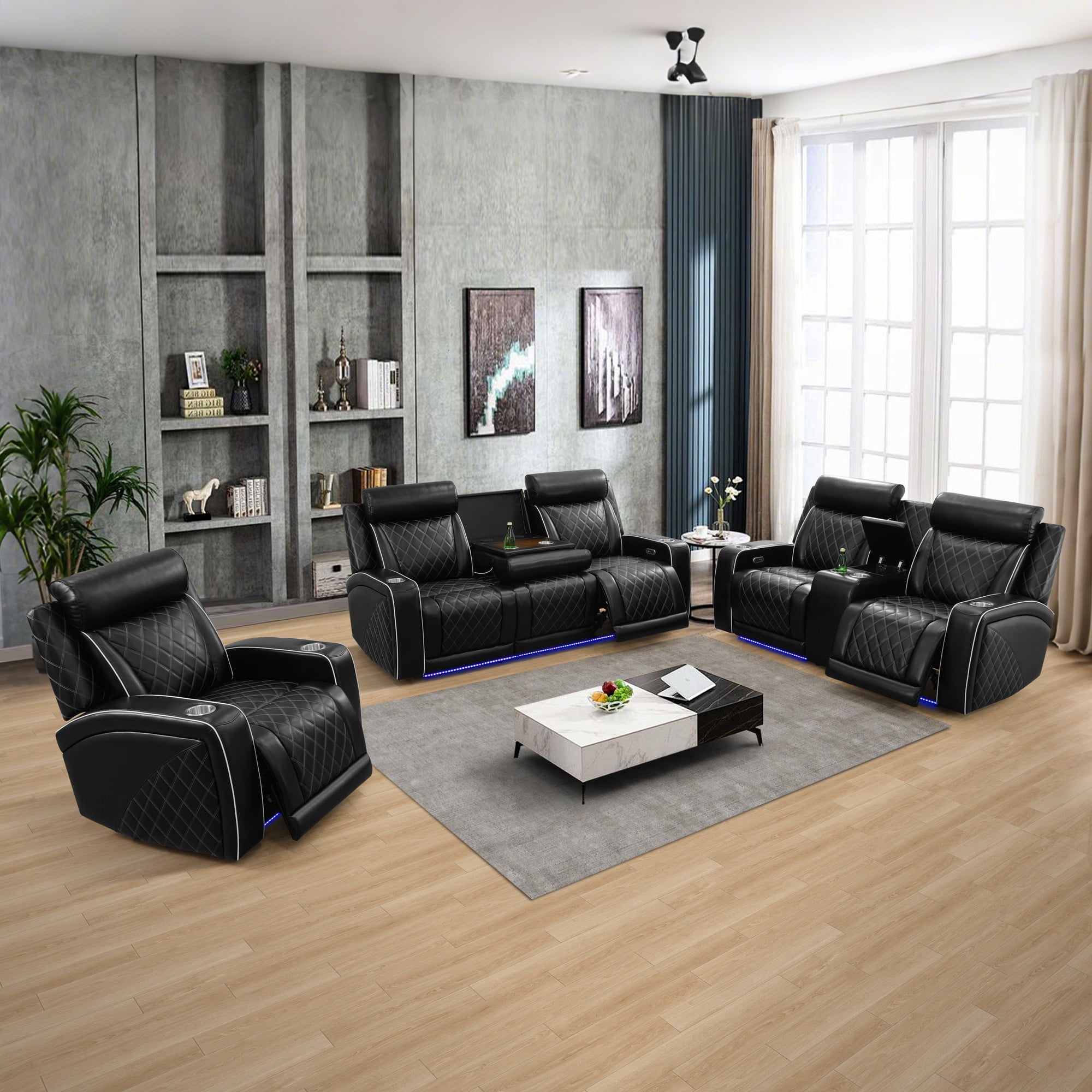 Gewnee Power Recliner Sofa Set, Air Leather 3 Pieces Sectional Couch with LED Light, Storage Console,Cup Holder for Living Room