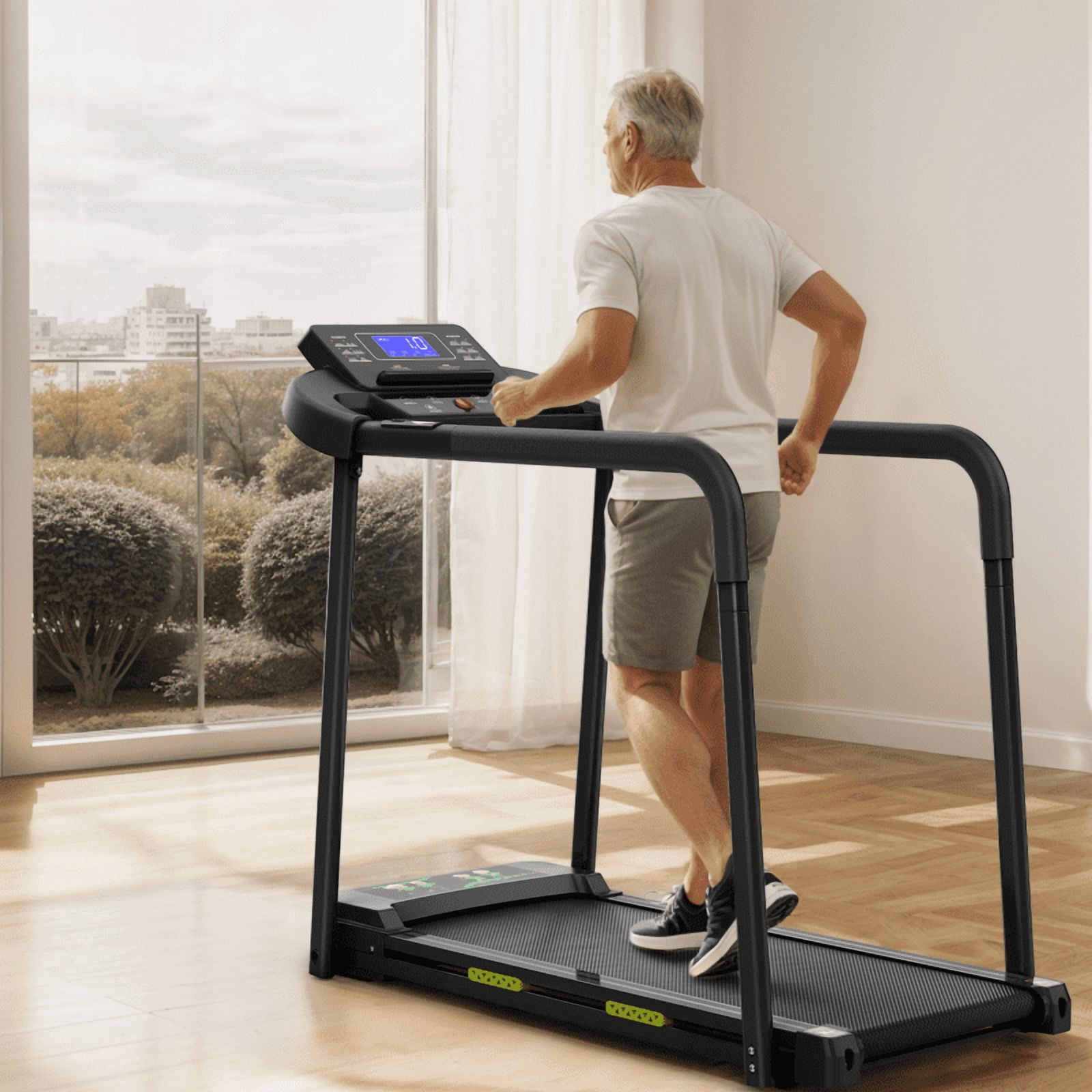 Walking Pad Treadmill for Senior, Foldable Exercise Treadmill with Stable and Safe Structural Design, Large LED Display for Elderly, Long Handrail for Balance, 300 Lbs Capacity