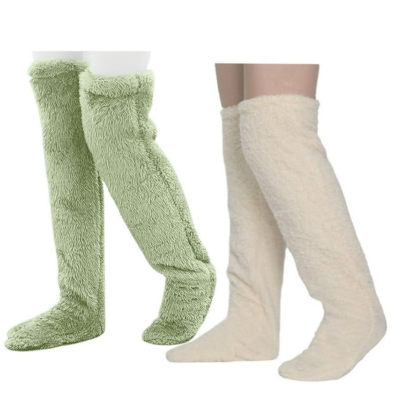 2 Pairs Women Winter Leg Warmer Fuzzy Plush Over Knee Slipper Socks Solid Color Warm Thigh High Home Sleeping Stockings